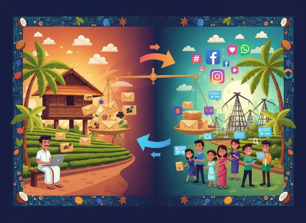 digital marketing transformation connecting traditional businesses with online marketing, email campaigns, and social media platforms.