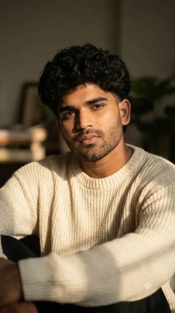 a young man with curly black hair and light facial stubble wearing a beige knitted sweater seated indoors in warm soft lighting with a blurred background